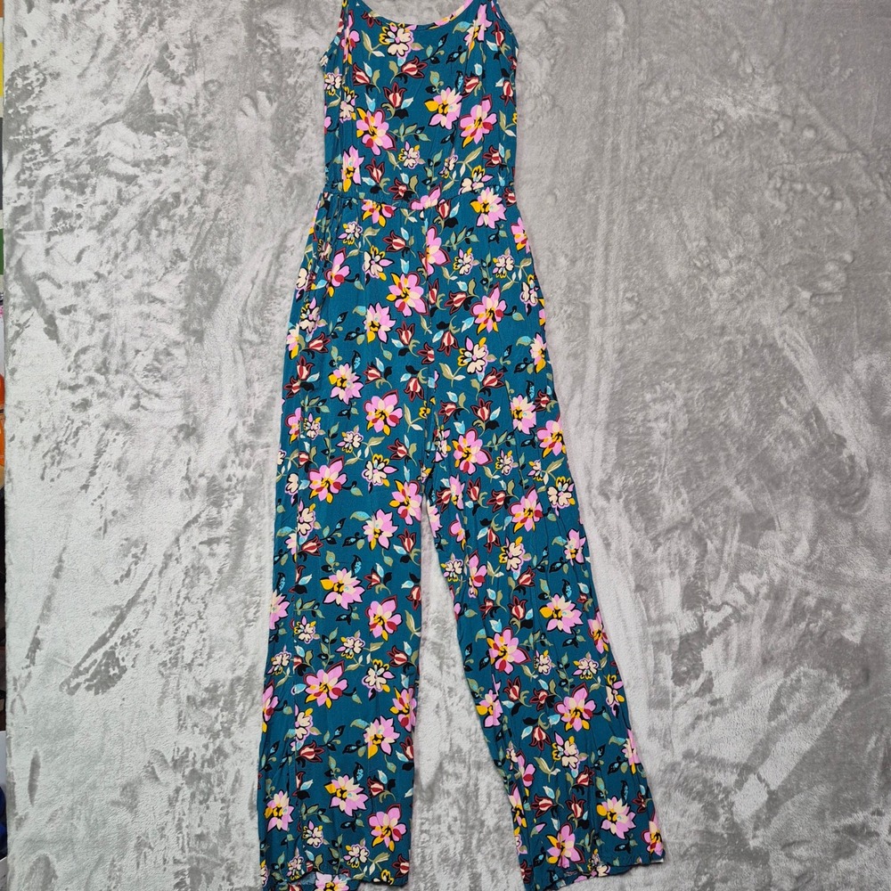Kingston Grey Floral Wide Leg Jumpsuit Teal Pink Sleeveless Back Tie Small
